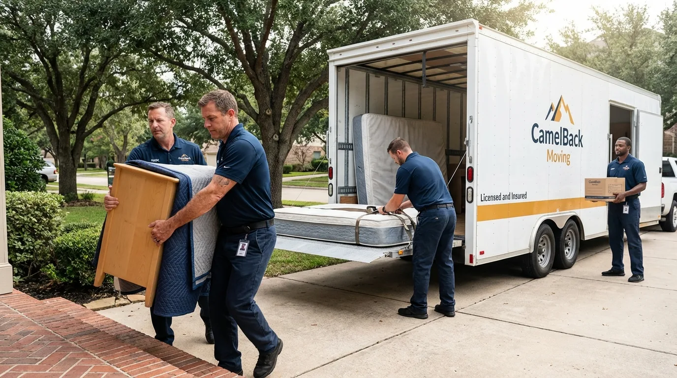 Crew loading residential truck for cross-state move from Logansport, LA