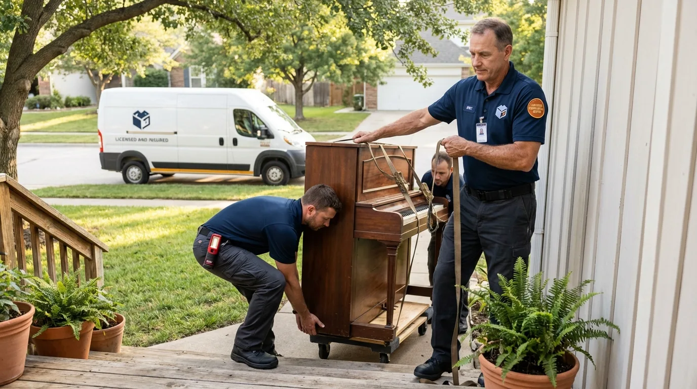 Licensed piano movers securing grand piano in Logansport, LA