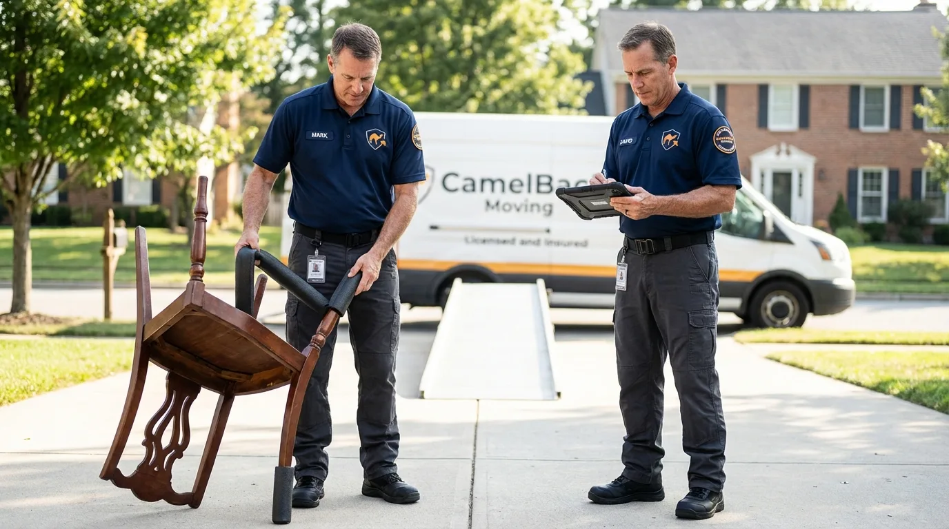 Movers inspecting furniture for damage prevention before loading in Logansport, LA