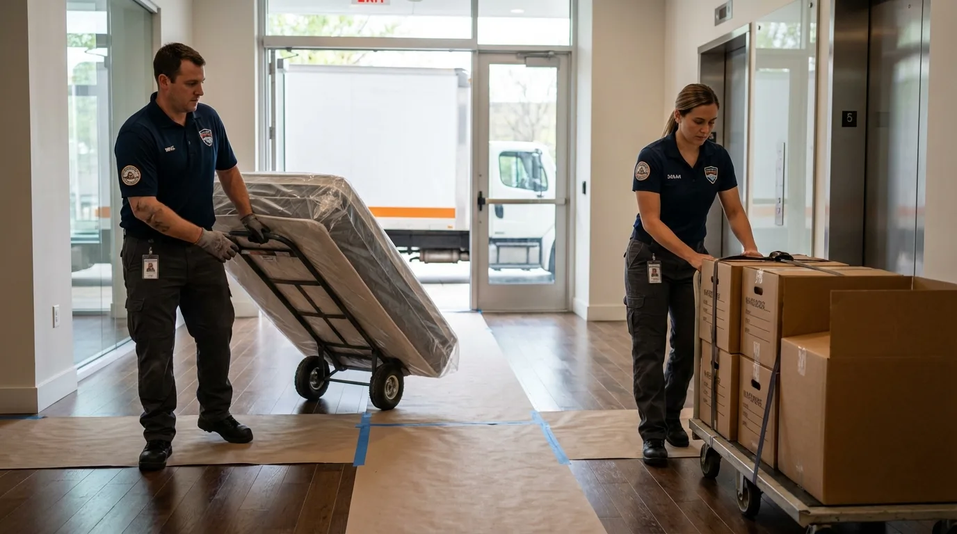 Professional apartment movers loading elevator in Logansport, LA