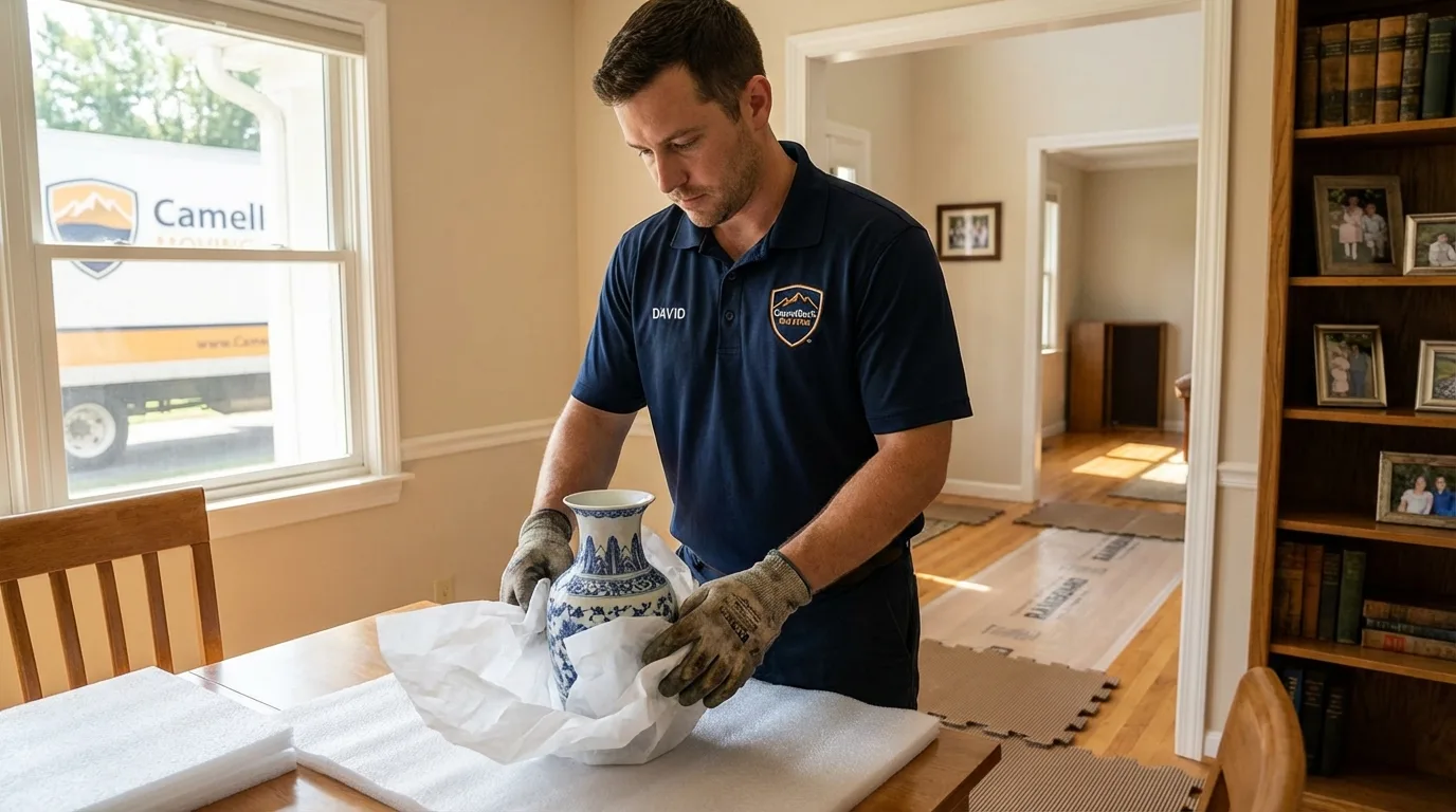 Professional crew carefully wrapping antique vase for senior downsizing move in Logansport, LA